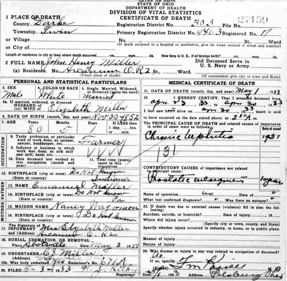 Death Certificate of John Henry Miller (1892-1958)